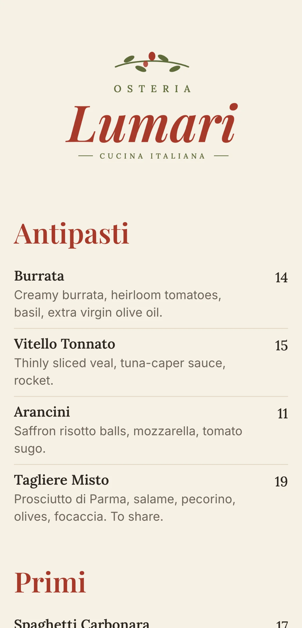 Italian restaurant menu template made with mmmmenu