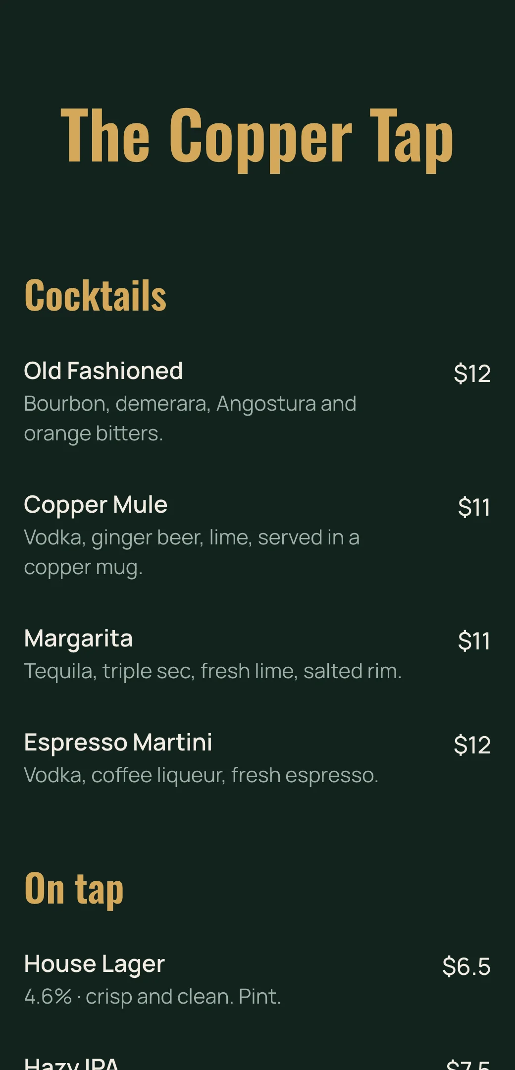Bar QR menu template