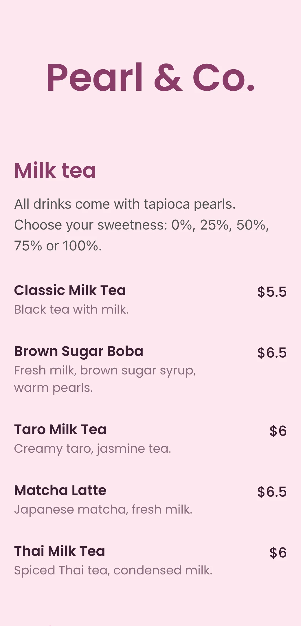 Bubble tea menu template made with mmmmenu