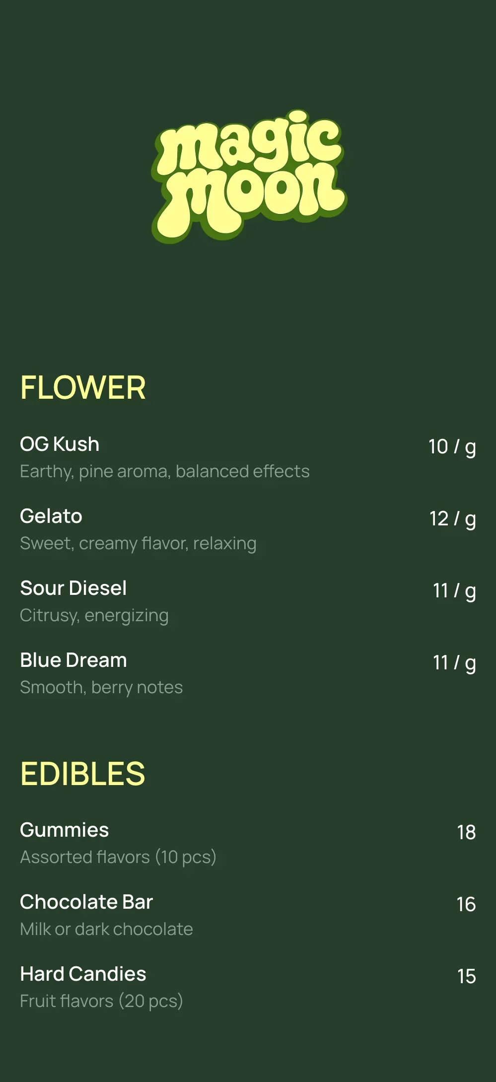 Dispensary menu template made with mmmmenu