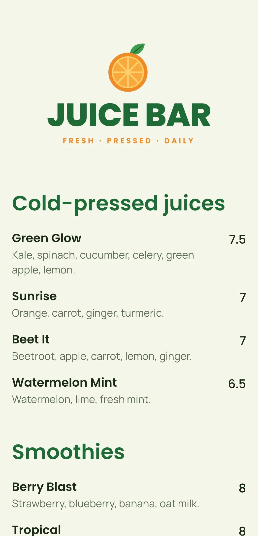 Juice bar QR menu template