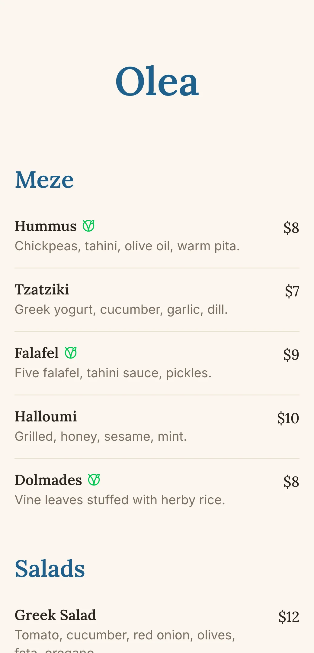 Mediterranean restaurant QR menu template