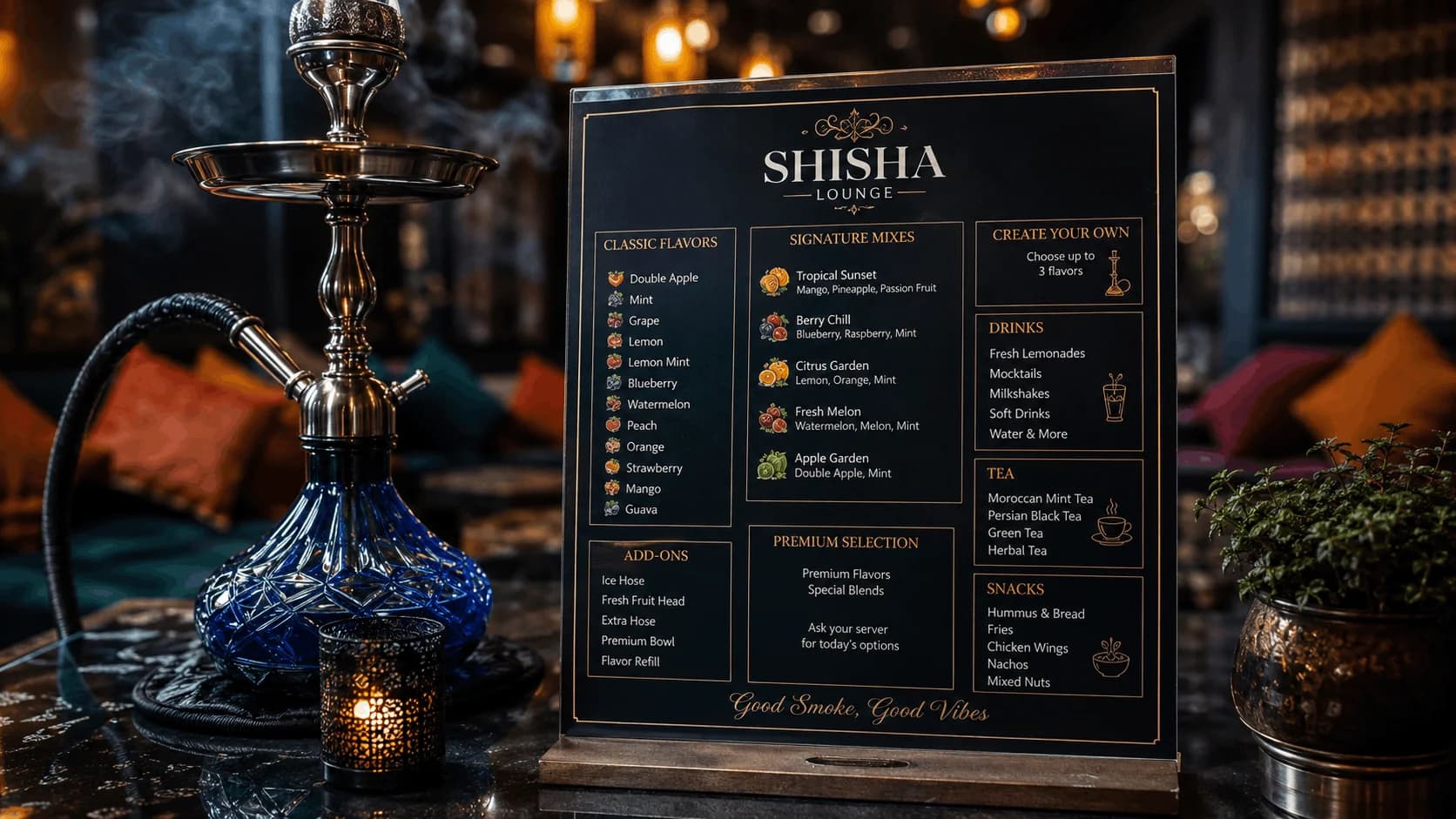 Discover shisha menu ideas for flavors, signature mixes, premium options, drinks, add-ons, and tips to build a better hookah lounge menu.