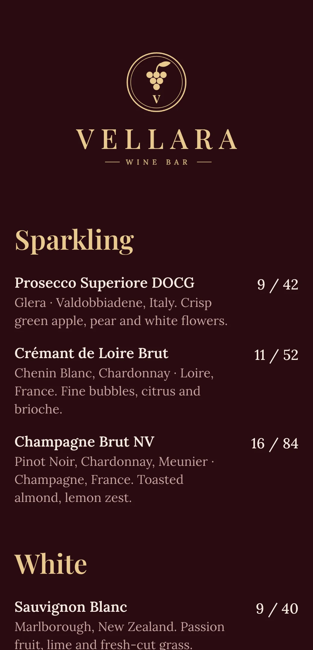 Wine list menu template made with mmmmenu
